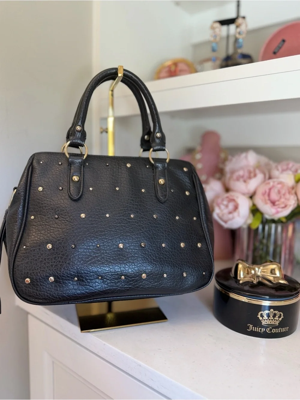 Juicy Couture EUC Black Leather Studded cross body Satchel with Gold Accents